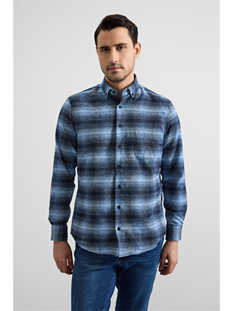 Süvari Lacivert Regular Düğmeli Yaka Kareli Casual Gömlek