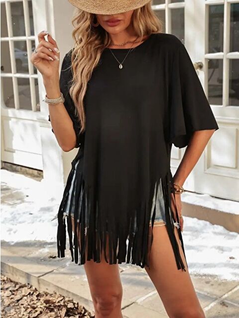 Jane's Kadın Kısa Kollu Bisiklet Yaka Püsküllü Viskon Bluz