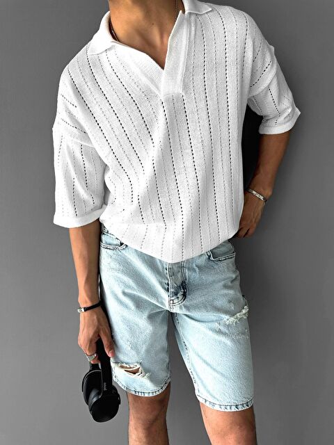 Abluka Online Erkek Yarım Pat Polo Yaka Desenli Oversize Triko Tişört Beyaz - S000155221-20063