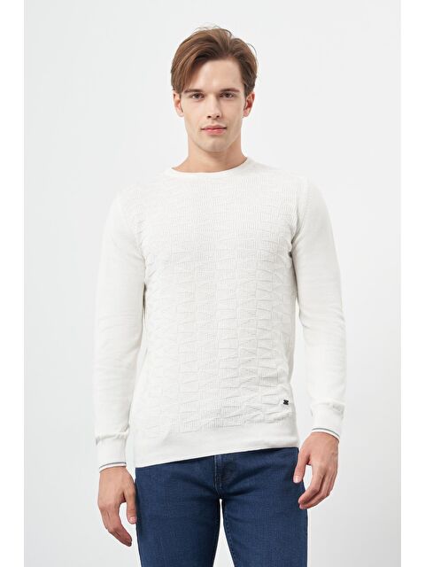 İMZA Açık Krem Uzun Kol Kendinden Desenli Örme Bisiklet Yaka Classic Slim Fit Triko 1012245200 - S000348516-3162