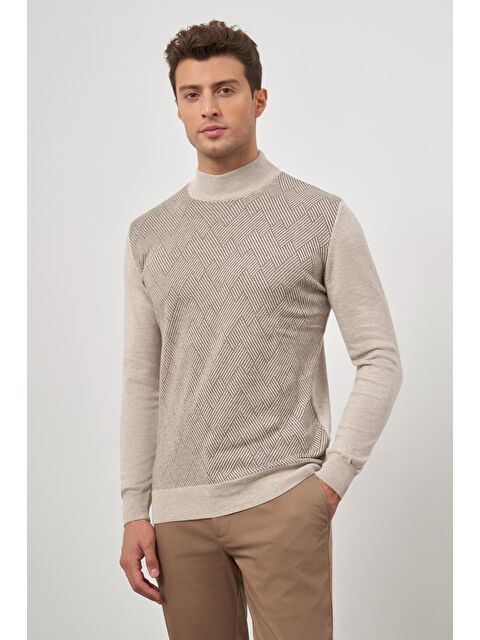 İMZA Bej Uzun Kol Kendinden Düz Örme Yarım Balıkçı Yaka Classic Comfort Fit Triko 1012245159 - S000348540-19928