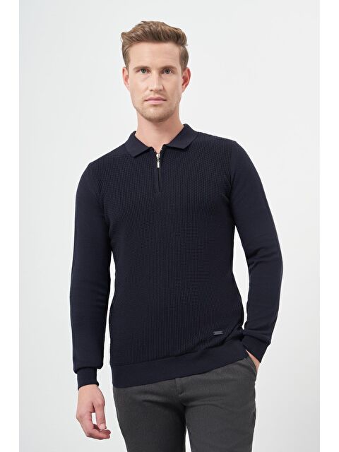 İMZA Koyu Lacivert Uzun Kol Kendinden Düz Örme Polo Yaka Classic Comfort Fit Triko 1012245156 - S000348261-29672