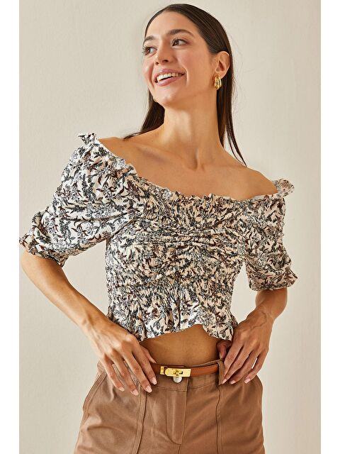 Xhan Ekru Önü Büzgülü Örme Bluz 5YXK2-48739-52 - S000229742-19965