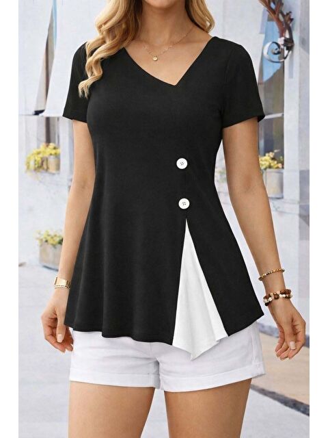 Jane's Kadın Kısa Kollu Asimetrik V Yakalı Düğme Detaylı Viskon Bluz