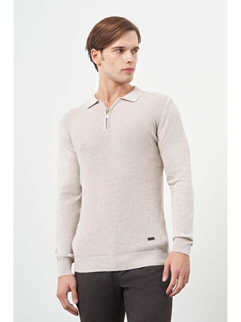 İMZA Bej Uzun Kol Kendinden Düz Örme Polo Yaka Classic Comfort Fit Triko 1012245156 - S000348261-19928