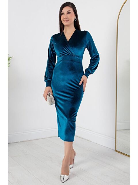 Jane's Kadın Kadife Kumaş Manşetli V Yaka Kalem Elbise - S000529128-17234