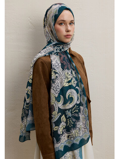 Fresh Scarfs Poppıes Desen İpek Krep Şal Koyu Yeşil - S000420392-19416