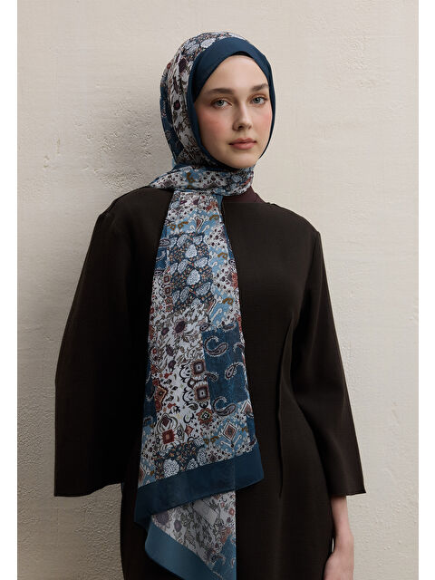 Fresh Scarfs Ethnıc Fıgure Desen İpek Krep Şal Petrol - S000420296-20019