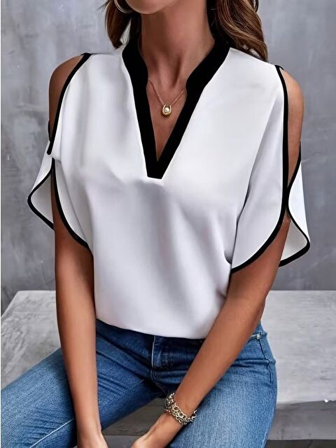 Jane's Kadın Kısa Kollu V Yakalı Ithal Krep Bluz