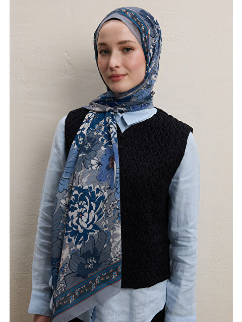 Fresh Scarfs Dahlıa Desen İpek Krep Şal İndigo - S000420429-23093