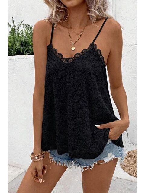 Jane's Kadın Ip Askılı V Dantel Yakalı Dantel Bluz