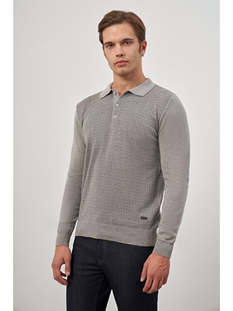 İMZA Taş Rengi Uzun Kol Kendinden Desenli Örme Polo Yaka Classic Comfort Fit Triko 1012245162 - S000348517-25636