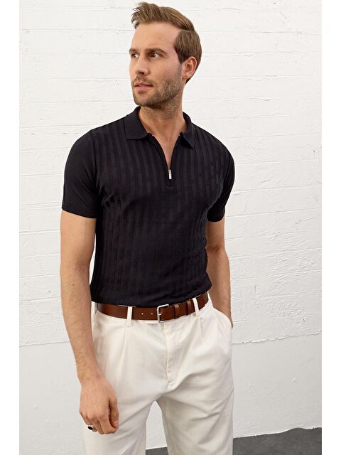 Danger Erkek Fermuarlı Slim-Fit Polo Yaka İnce Triko Tişört Koyu Lacivert - S000167891-29672