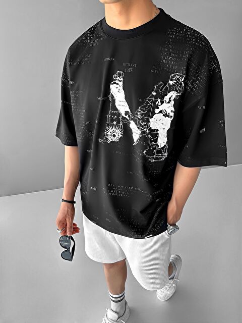 Abluka Online Erkek Oversize Kabartma Baskılı Premium Tişört Siyah - S000236503-19351
