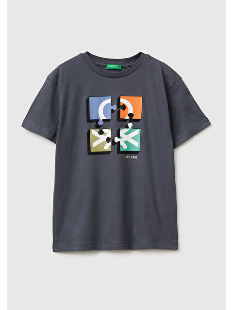 United Colors Of Benetton Erkek Çocuk Antrasit Önü Logo Baskılı Bisiklet Yaka T-Shirt