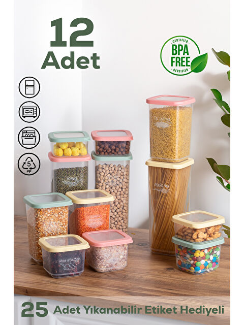 Porsima 1036 Rainbow 12li Etiketli Renkli Kapaklı Erzak Kavanoz Saklama Kabı Seti - S000294336-26865