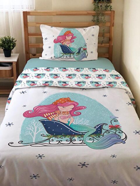 Evmila Çift Taraflı Deniz Kızı Desenli Çarşafsız Takım Tek Kişilik Nevresim Takımı 160x220 Cm - S000123856-23173