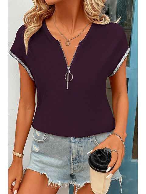 Jane's Kadın Kısa Kollu önden Fermuarlı Kol Ucu ışıltılı Viskon Bluz