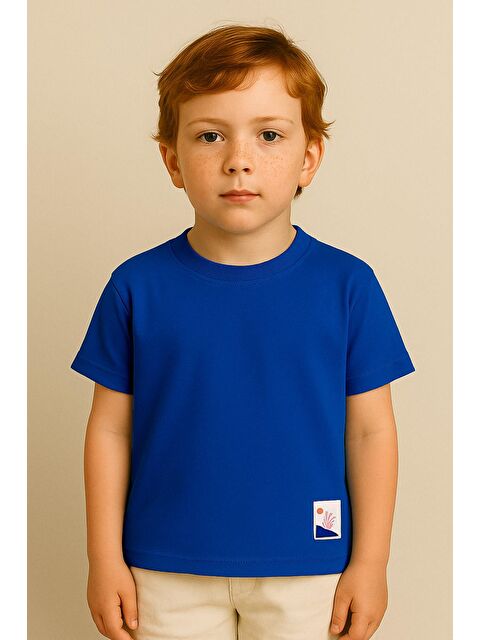 Luess Erkek Çocuk %100 Pamuk Basic Tişört - Saks (3-4 Yaş 8-9 Yaş) - S000401116-23710