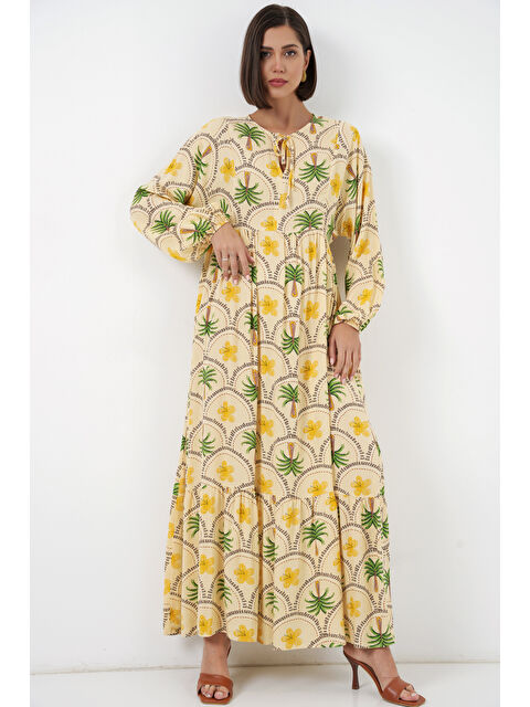 Bigdart Kadın Desenli Tesettür Elbise 2594 - Sarı