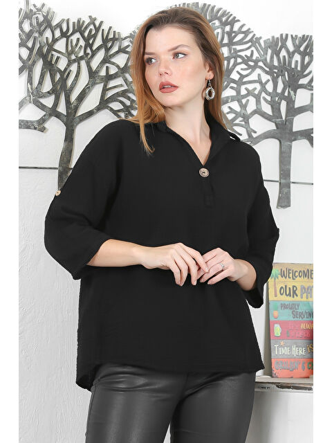 Chiccy Siyah Gömlek Yaka Düğmeli 3/4 Kol Düğmeli Casual Müslin Dokuma Bluz - S000358566-19351