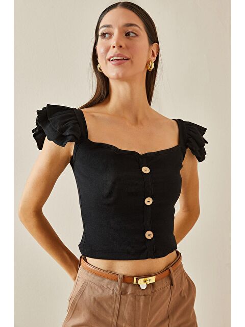 Xhan Siyah Kolları Fırfırlı Düğmeli Bluz 5YXK2-48736-02 - S000229747-19351