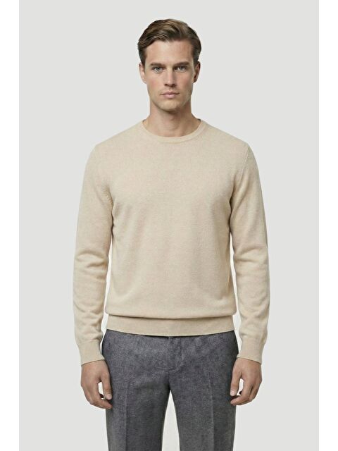 Sabri Özel Ekru Standart Fit Yün Karışımlı Bisiklet Yaka Düz Erkek Triko Kazak - S000524354-19965