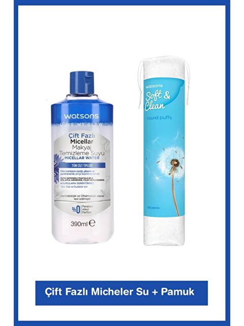 Watsons Çift Fazlı Micellar Su 390 ml + Yuvarlak Makyaj Pamuğu 100 Adet - S000283389-19927