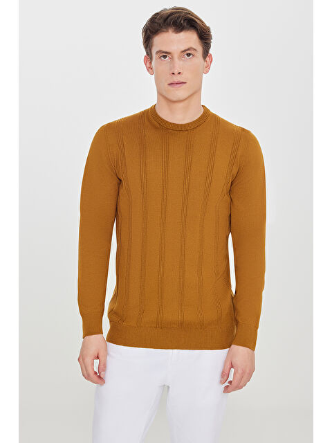 AC&Co / Altınyıldız Classics Erkek Kahverengi %100 Pamuk Standart Fit Bisiklet Yaka Jakarlı Triko Kazak