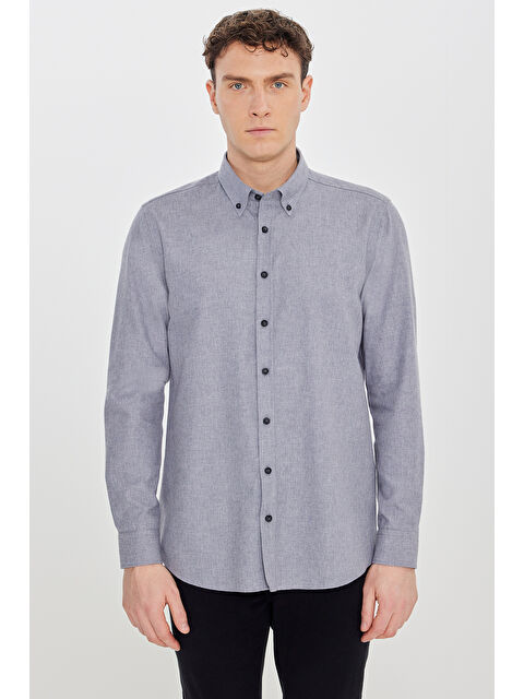 Altınyıldız Classics Erkek Gri Pamuklu Slim Fit Dar Kesim Düğmeli Yaka Diagonal Desenli Flanel Gömlek