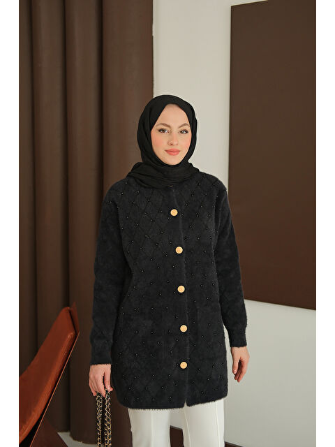 Locco Moda Kadın İnci Detaylı Triko Hırka Siyah - S000444444-19351