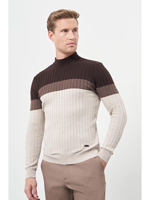 İMZA Açık Bej Uzun Kol Kendinden Desenli Örme Yarım Balıkçı Yaka Classic Slim Fit Triko 1012245154 - S000348550-19927