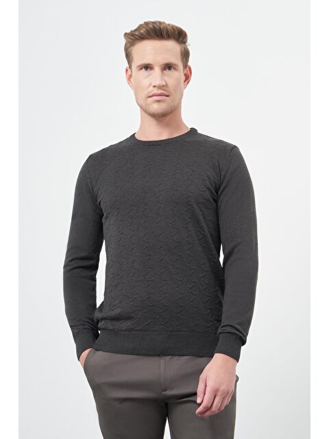 İMZA Koyu Antrasit Uzun Kol Kendinden Desenli Örme Bisiklet Yaka Classic Comfort Fit Triko 1012245155 - S000348518-26298