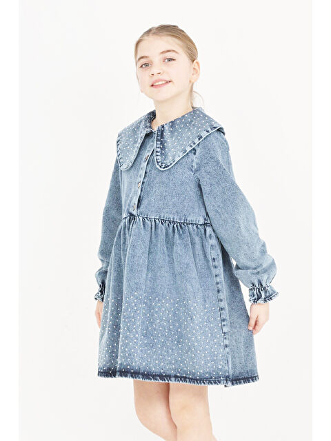 Modanino Kız Çocuk Taş Süslemeli ve Geniş Yakalı Jean Elbise 12453 - S000486145-17437