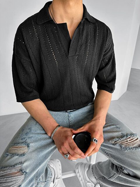 Abluka Online Erkek Yarım Pat Polo Yaka Desenli Oversize Triko Tişört Siyah - S000155221-19351