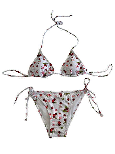 Hazelin Kadın Beyaz Kiraz Temalı Boyundan İp Bağlamalı Üçgen Bikini Takımı HZL25S-LC5005 - S000390228-37232