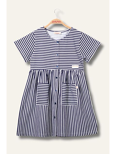 ZEYLAND Kız Çocuk Çizgili Yarım Kol Penye Elbise - Lacivert Çizgili - S000362890-21164