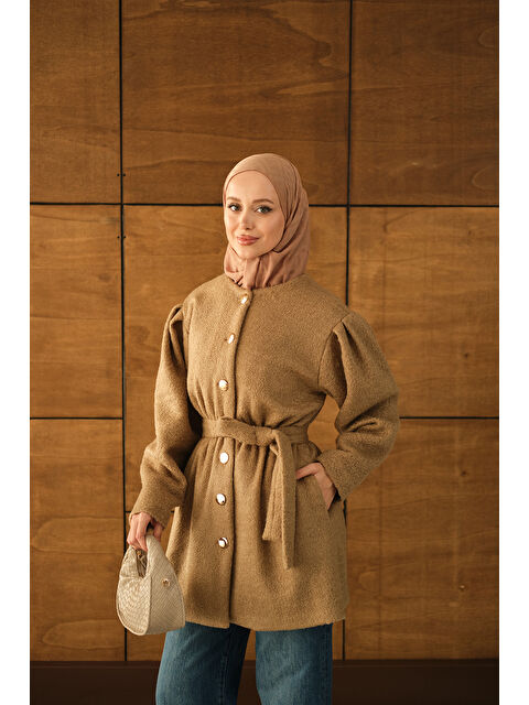 Locco Moda Kadın Beli Lastikli Pelüş Kaşe Kaban Vizon - S000485163-26429