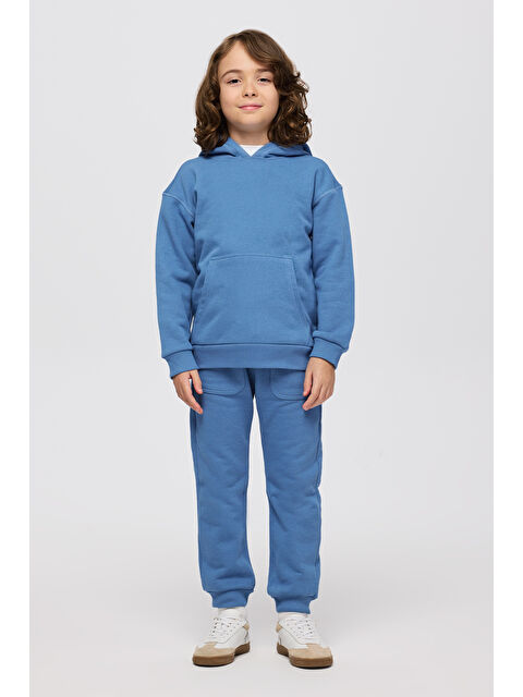 Panço Erkek Çocuk Kapüşonlu Nakışlı Kanguru Cepli Kontrast Dikiş Detaylı Mavi Sweatshirt - S000514216-17234