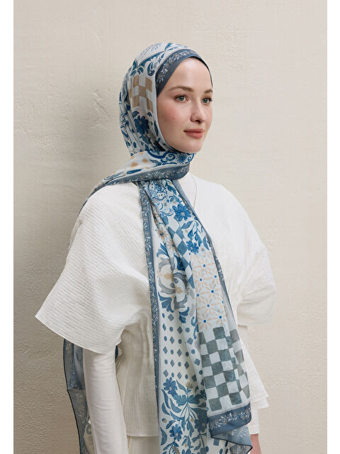 Fresh Scarfs Bella Desen İpek Krep Şal İndigo - S000420370-23093