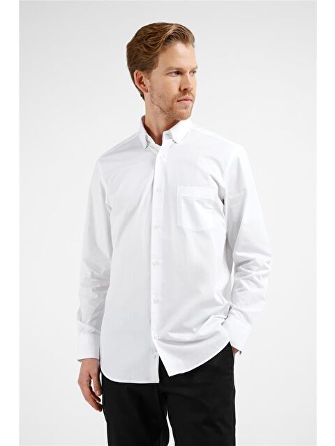 İMZA Beyaz Uzun Kol Düğmeli Yaka Düz %100 Pamuk Comfort Fit Gömlek 1004255205 - S000505506-20063