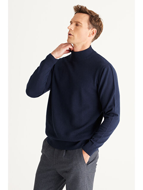 AC&Co / Altınyıldız Classics Erkek Lacivert Standart Fit Normal Kesim Yarım Balıkçı Yaka Pamuklu Triko - S000394381-21164