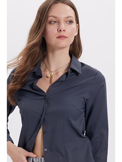 TUDORS Kadın Slim Fit Dar Kesim Pensli Vucüda Oturan Klasik Yaka Uzun Kollu Elastanlı Antrasit Gömlek - S000521742-29666