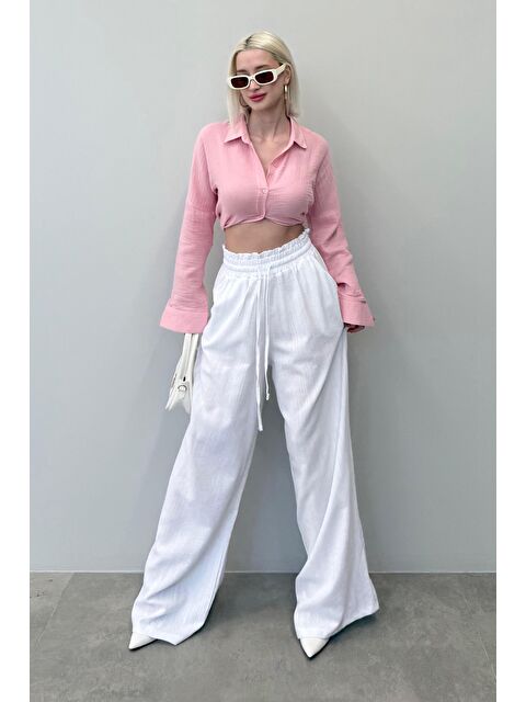 Madmext Beyaz Beli Büzgülü Bol Paça Kadın Pantolon Mg2011 - S000380180-20063