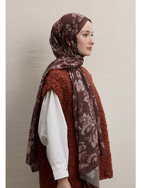 Fresh Scarfs Rosella Desen İpek Krep Şal Kahve - S000420341-28102