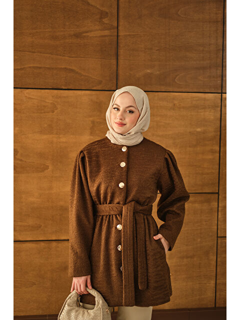 Locco Moda Kadın Beli Lastikli Pelüş Kaşe Kaban Kahverengi - S000485163-19413