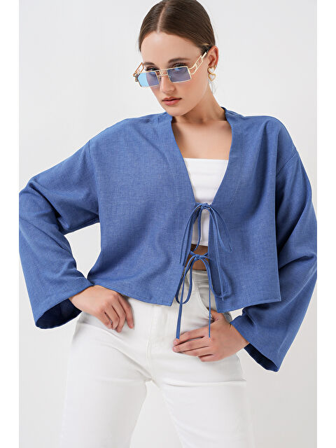 Bigdart Önü Bağlamalı Keten Kimono 960 - İndigo - S000380181-23093