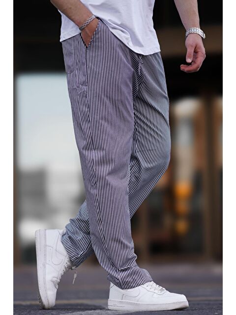 Madmext Siyah Beli Ayarlanabilir Bol Paça Dökümlü Çizgili Pantolon 6541 - S000436660-19351