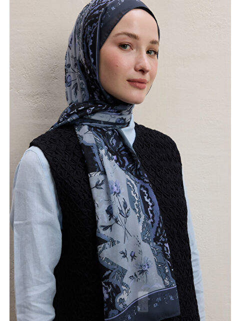 Fresh Scarfs Alıza Desen İpek Krep Şal Gri - S000420376-20600