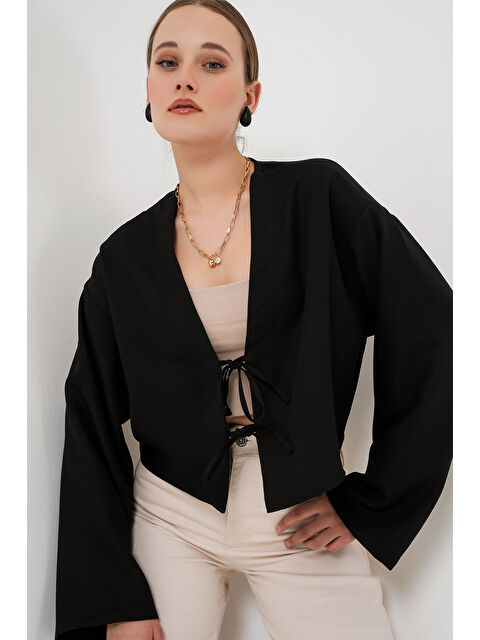 Bigdart Önü Bağlamalı Keten Kimono 960 - Siyah - S000380181-19351
